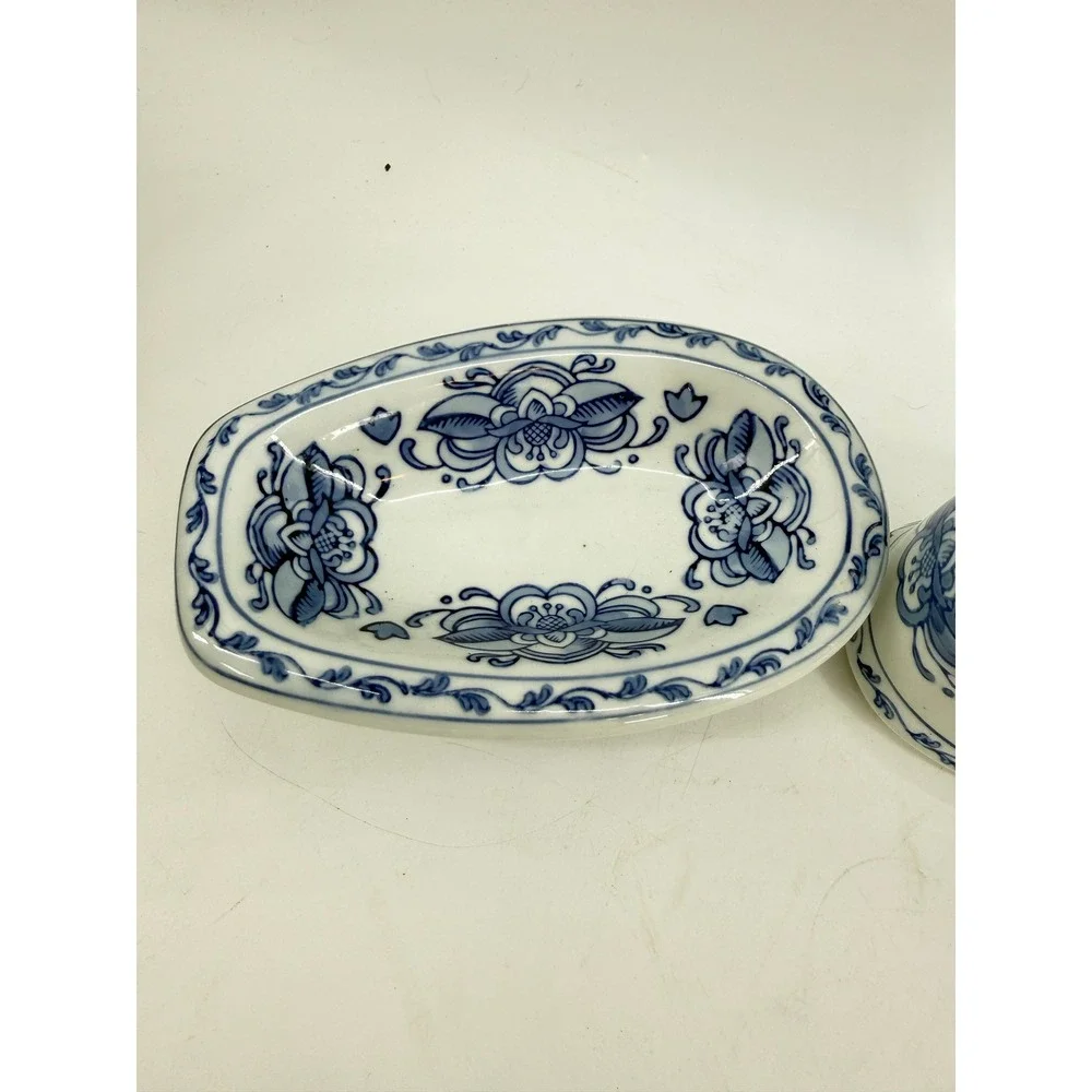 Unbranded Bathroom Vanity Set 1970s OS Blue White Floral Ceramic 2pc Vintage